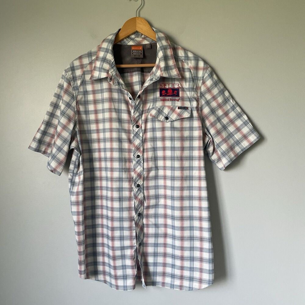 Merrell Opti-wick Plaid Button Down Bells Brewery Short Sleeve Top Shirt Mens XL